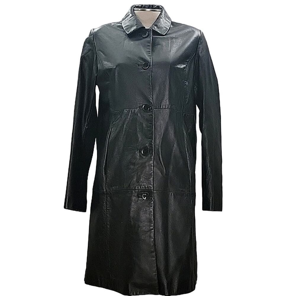Vintage Wilsons Leather Pelle Studio Black 3/4 Mid Trench Coat 90s Matrix Chic M